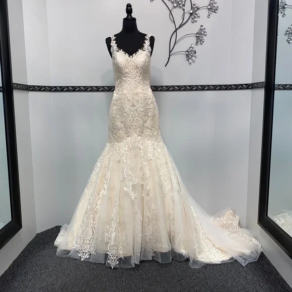 black fit and flare formal dress Vintage Style Fit and Flare Lace Wedding Dress with Illusion Back main image 1